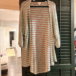 LuLaRoe Blue and Pink Striped Open Front Cardigan